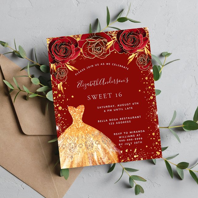Sweet 16 red gold glitter dress floral invitation (Creator Uploaded)