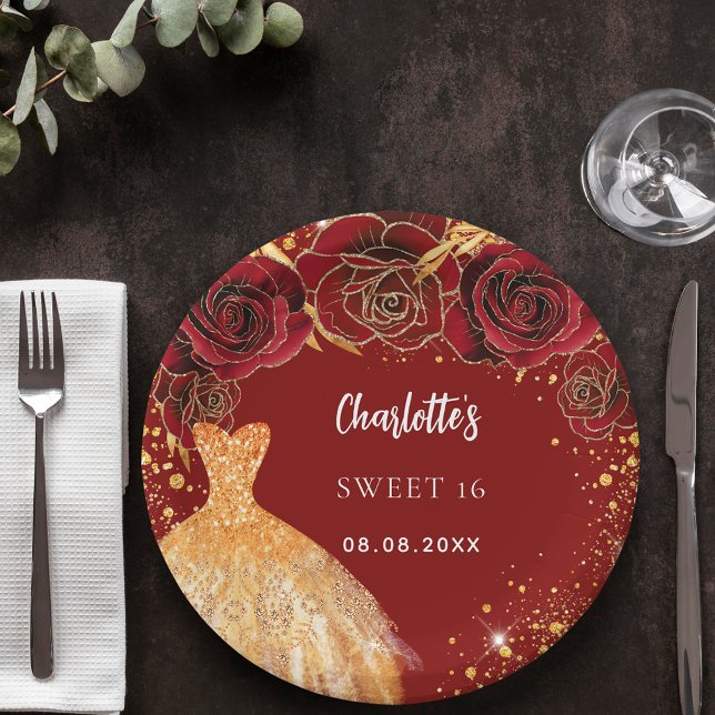 Sweet 16 red gold glitter dress floral paper plate (Creator Uploaded)