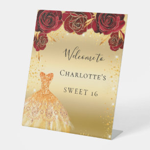Sweet 16 red gold glitter dress floral welcome pedestal sign