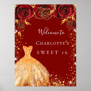 Sweet 16 red gold glitter dress floral welcome poster