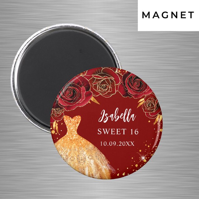 Sweet 16 red gold glitter dress name magnet (Creator Uploaded)