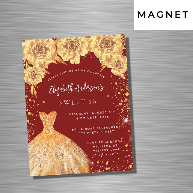 Sweet 16 red gold glitter dress roses luxury magnetic invitation (Creator Uploaded)