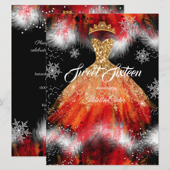 Sweet 16 Red Orange Ice snowflake Fire Dress Invitation (Front/Back)
