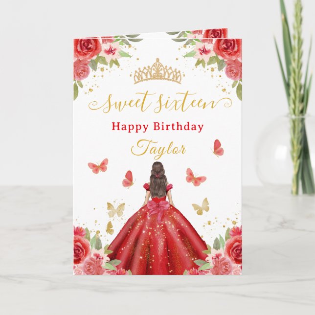 Sweet 16 Red Princess Brunette Girl Card (Front)