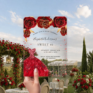 Sweet 16 red roses dress glitter clear acrylic invitations