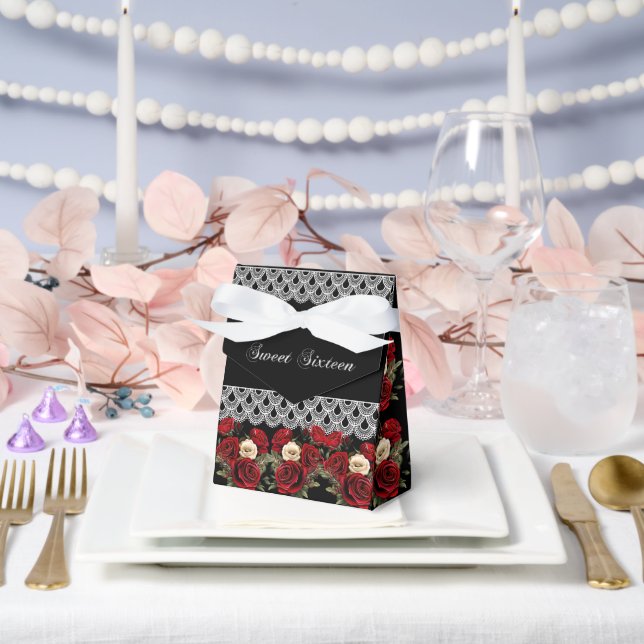  Sweet 16 Red Roses White Lace Sparkle Favor Box (Wedding)