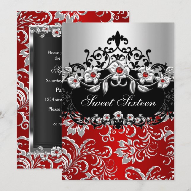 Sweet 16 Red Silver Black Floral Jewel Party Invitation (Front/Back)