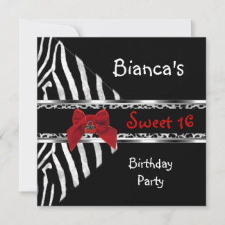 Sweet 16 Red Silver Black Zebra Leopard Birthday Invitation