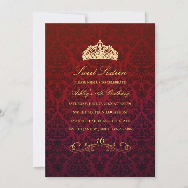 Sweet 16 | Red Tiara & Damask Invitation (Front)