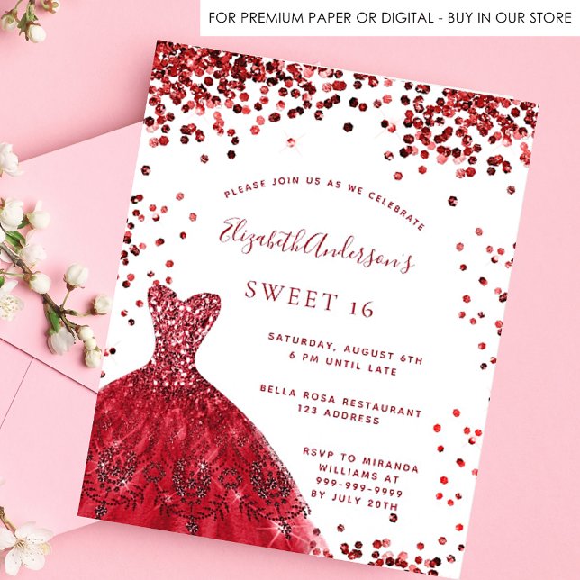 Sweet 16 red white dress budget party invitation (Creator Uploaded)