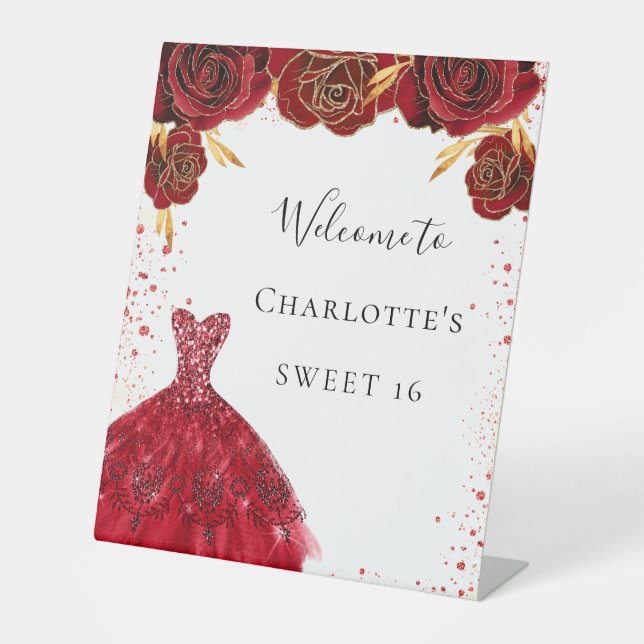 Sweet 16 red white glitter dress floral welcome pedestal sign (Front)