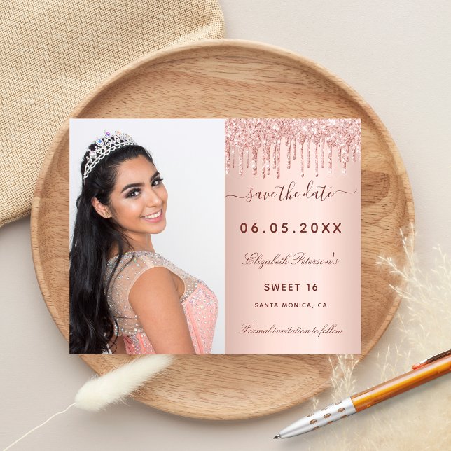 Sweet 16 rose blush photo QR Save the Date card (Creator Uploaded)