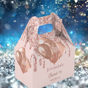 Sweet 16 rose gold blush glitter balloons favor box