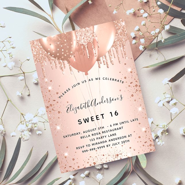 Sweet 16 rose gold blush glitter balloons invitation (Creator Uploaded)