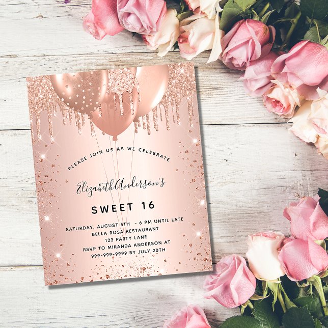 Sweet 16 rose gold blush glitter budget invitation flyer (Creator Uploaded)