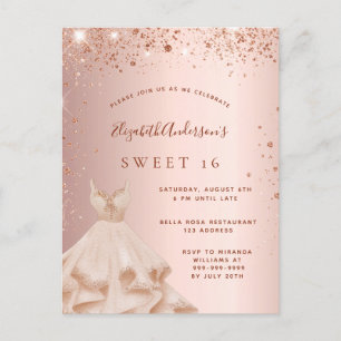 Sweet 16 rose gold blush glitter dress invitation