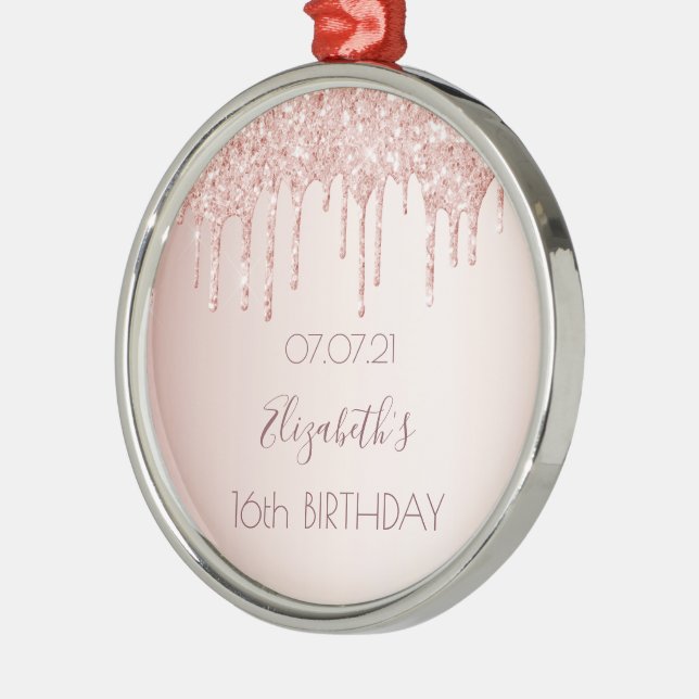 Sweet 16 rose gold blush glitter drips name metal ornament (Left)