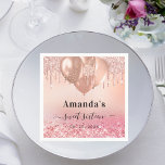 Sweet 16 rose gold blush pink glitter name napkin<br><div class="desc">A stylish rose gold and blush pink background with faux glitter drips and balloons. Personalize and add a name and age. The age/event is written with a hand lettereds tyle script with swashes. To keep the swashes only delete the sample text, leave the spaces or emoji's in front and after...</div>