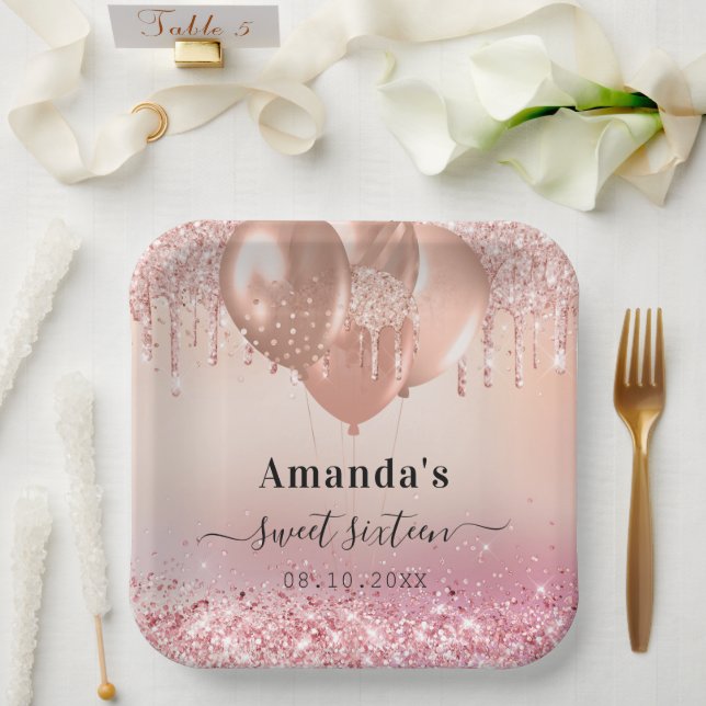 Sweet 16 rose gold blush pink glitter name paper plate (Wedding)