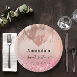 Sweet 16 rose gold blush pink glitter name paper plate<br><div class="desc">A stylish rose gold and blush pink background with faux glitter drips and balloons. Personalize and add a name and age. The age/event is written with a hand lettereds tyle script with swashes. To keep the swashes only delete the sample text, leave the spaces or emoji's in front and after...</div>