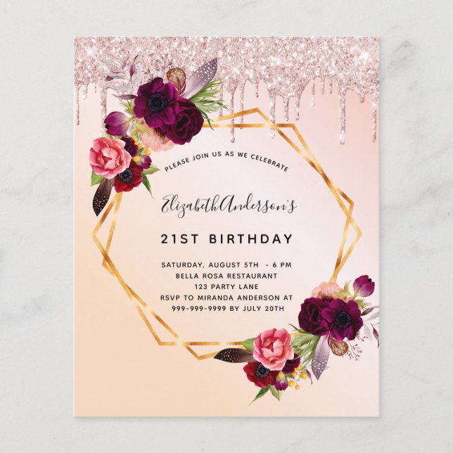 Sweet 16 rose gold Burgundy florals invitation Flyer (Front)
