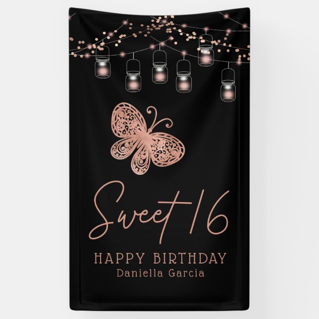 Sweet 16 Rose Gold Butterfly Chic Modern Birthday Banner (Vertical)