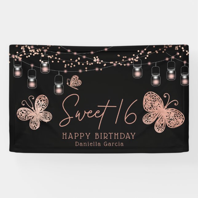 Sweet 16 Rose Gold Butterfly Chic Modern Birthday Banner (Horizontal)