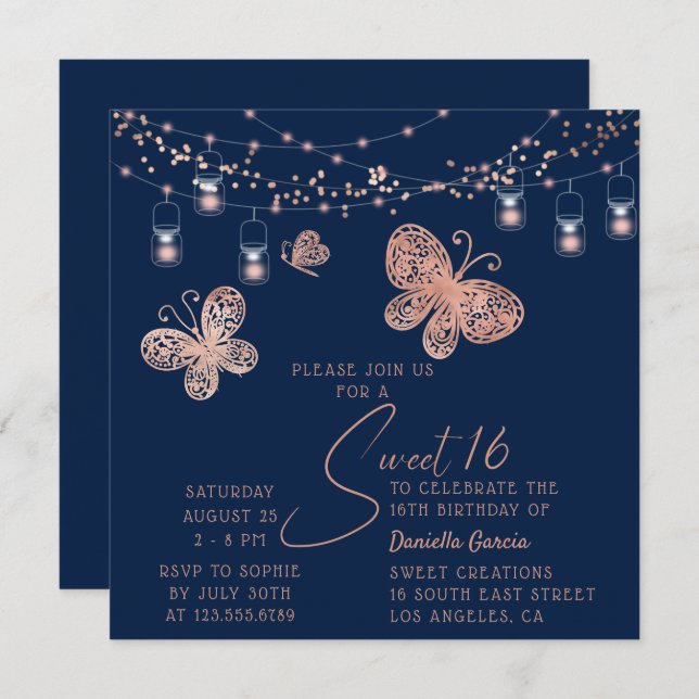 Sweet 16 Rose Gold Butterfly Chic Modern Birthday Invitation (Front/Back)