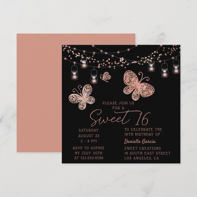 Sweet 16 Rose Gold Butterfly Chic Modern Birthday Invitation (Front/Back)