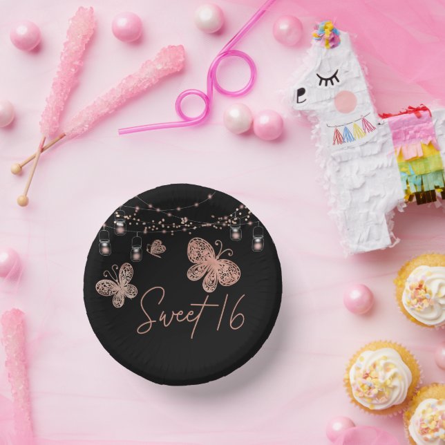 Sweet 16 Rose Gold Butterfly Chic Modern Birthday Paper Plate (Party)
