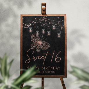 Sweet 16 Rose Gold Butterfly Chic Modern Birthday Poster