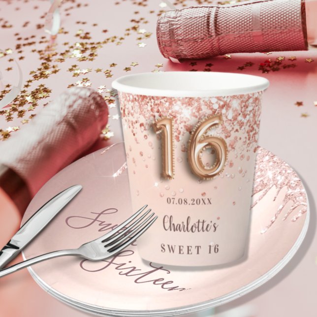 Sweet 16 rose gold confetti name  paper cups (Creator Uploaded)