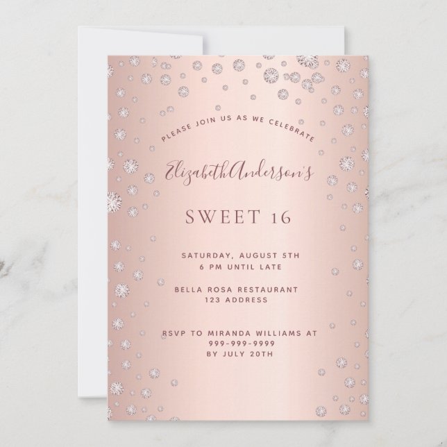 Sweet 16 rose gold diamond sprinkle invitation (Front)