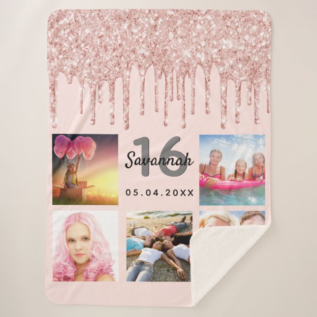 Sweet 16 rose gold drips blush photo sherpa blanket (Front)