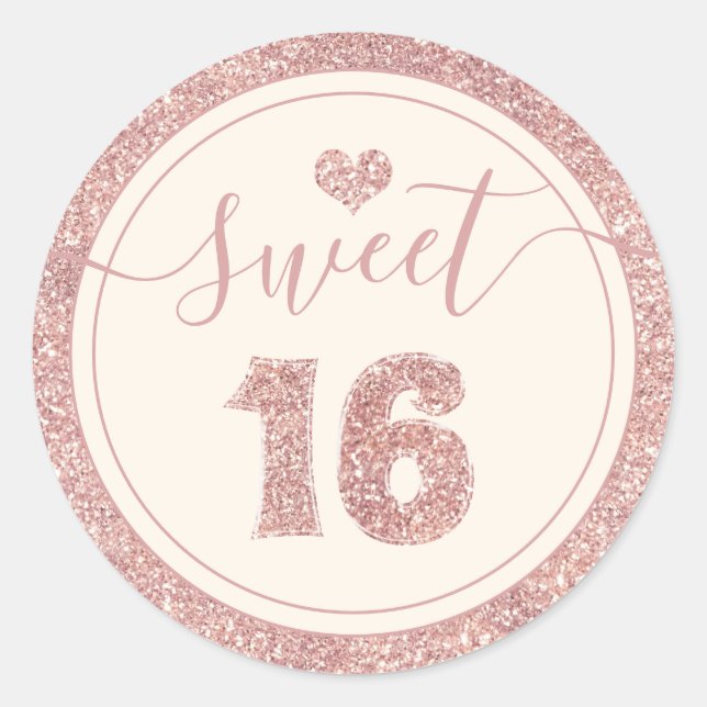Sweet 16 Rose Gold Faux Glitter Heart Birthday Classic Round Sticker (Front)