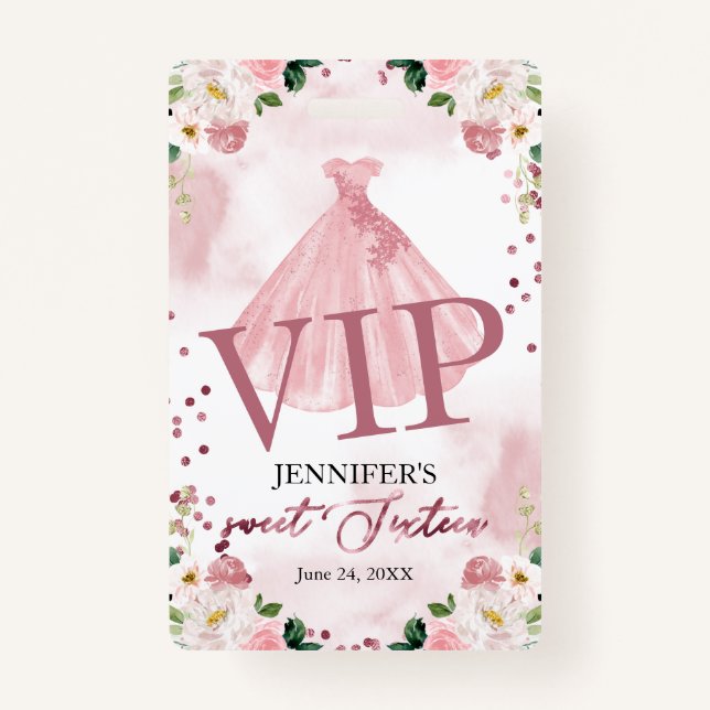 Sweet 16 Rose Gold Floral Dress 16 VIP Birthday Badge (Front)