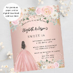 Sweet 16 rose gold flowers dress budget invitation<br><div class="desc">A modern, stylish and glamourous invitation for a Sweet 16, 16th birthday party. A rose gold background with blush pink flowers, a girl wearing a ball gown. The name is written with a modern hand lettered style script. Personalize and add your party details. 1 sheet = 1 invitation printed edge...</div>