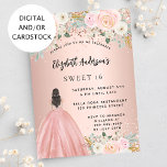 Sweet 16 rose gold flowers dress invitation<br><div class="desc">A modern,  stylish and glamourous invitation for a Sweet 16,  16th birthday party.  A rose gold background with blush pink flowers,  a girl wearing a ball gown.  The name is written with a modern hand lettered style script.  Personalize and add your party details.</div>