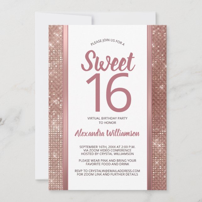 Sweet 16 Rose Gold Glam Chic Virtual 16th Birthday Invitation (Front)