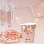 Sweet 16 rose gold glitter balloons 16th birthday paper cups<br><div class="desc">For a glamourous and girly Sweet 16,  16th birthday party.  A rose gold gradient background. On the front and the back: Personalize and add a name and a date.   Decorated with faux glitter drips,  paint dripping look and rose gold balloons.</div>