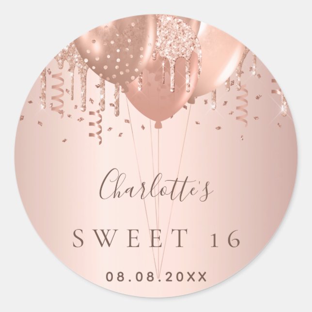 Sweet 16 rose gold glitter balloons monogram 16th classic round sticker (Front)