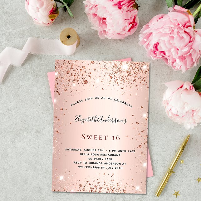 Sweet 16 rose gold glitter birthday party invitation postcard (Creator Uploaded)