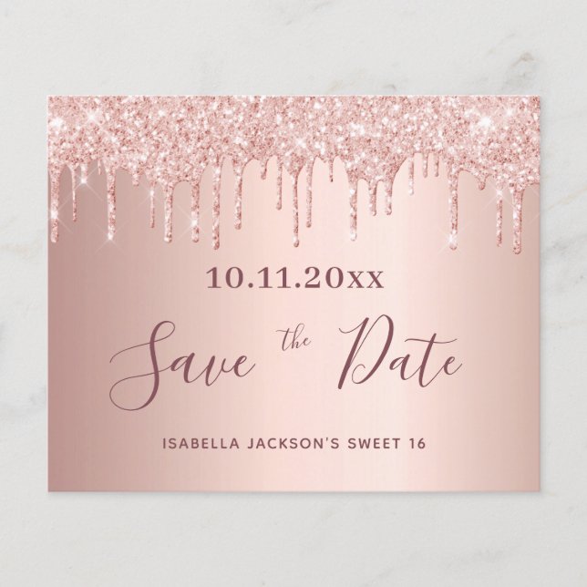 Sweet 16 rose gold glitter budget Save the Date Flyer (Front)