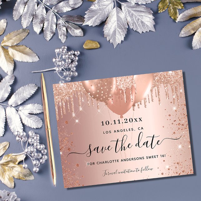 Sweet 16 rose gold glitter budget save the date flyer (Creator Uploaded)