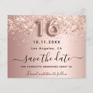 Sweet 16 rose gold glitter budget save the date flyer