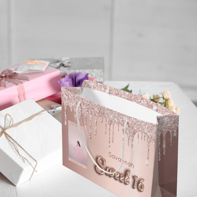 Sweet 16 rose gold glitter custom photo pink 16th large gift bag (Creator Uploaded)