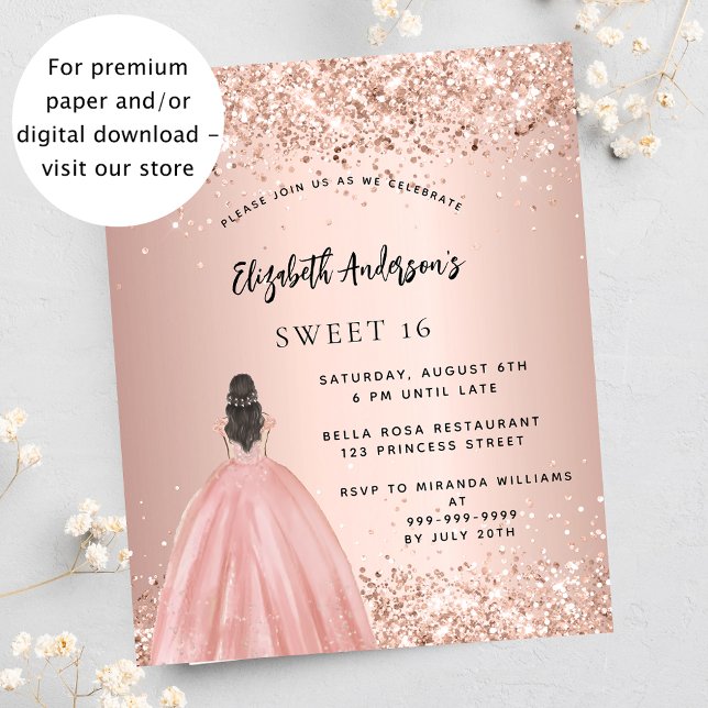 Sweet 16 rose gold glitter dress budget invitation (Creator Uploaded)