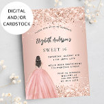 Sweet 16 rose gold glitter dress party invitation<br><div class="desc">A modern,  stylish and glamourous invitation for a Sweet 16,  16th birthday party.  A rose gold background with faux gold glitter dust,  a girl wearing a ball gown.  The name is written with a modern hand lettered style script.  Personalize and add your party details.</div>