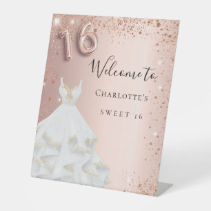 Sweet 16 rose gold glitter dress welcome pedestal sign