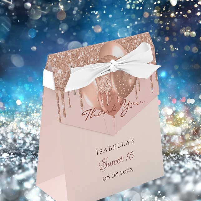 Sweet 16 rose gold glitter drip balloons thank you favor box (Creator Uploaded)